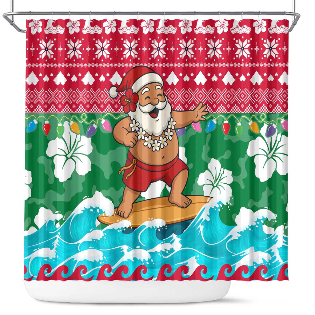 Maldives Christmas Shower Curtain with Surfing Santa Claus Tropical Flowers and Holiday Wave - Wonder Print Shop
