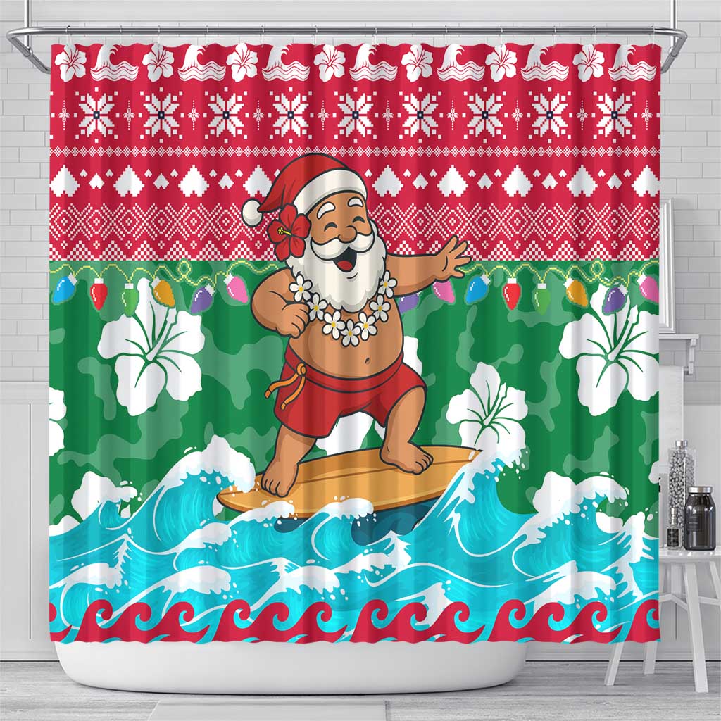 Maldives Christmas Shower Curtain with Surfing Santa Claus Tropical Flowers and Holiday Wave - Wonder Print Shop