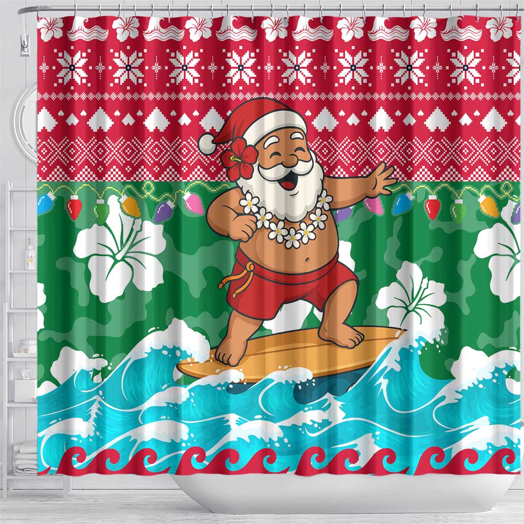 Maldives Christmas Shower Curtain with Surfing Santa Claus Tropical Flowers and Holiday Wave - Wonder Print Shop