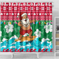 Maldives Christmas Shower Curtain with Surfing Santa Claus Tropical Flowers and Holiday Wave - Wonder Print Shop