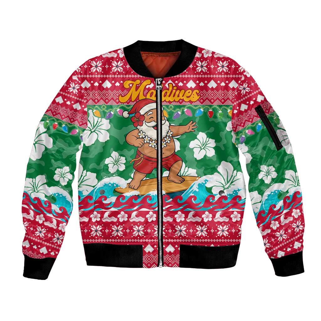 Maldives Christmas Sleeve Zip Bomber Jacket with Surfing Santa Claus Tropical Flowers and Holiday Wave - Wonder Print Shop
