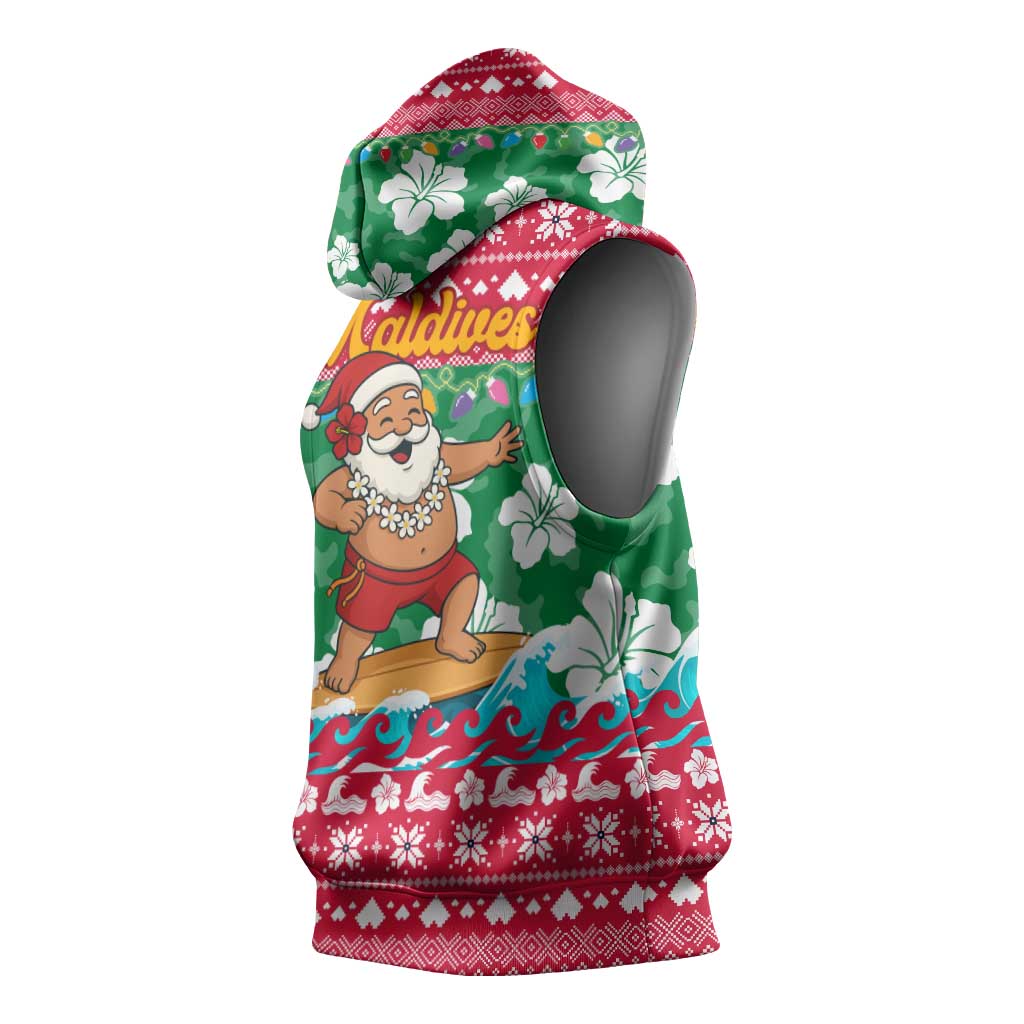 Maldives Christmas Sleeveless Hoodie with Surfing Santa Claus Tropical Flowers and Holiday Wave - Wonder Print Shop