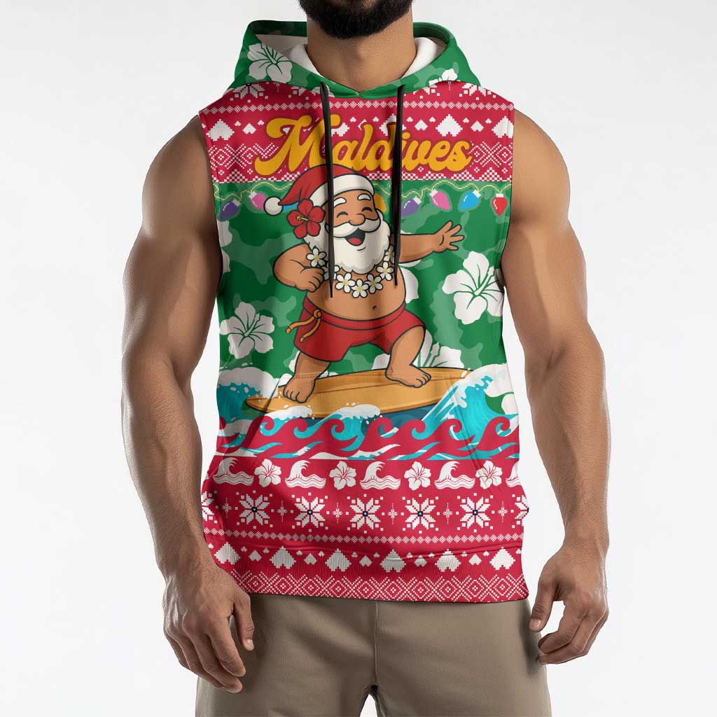 Maldives Christmas Sleeveless Hoodie with Surfing Santa Claus Tropical Flowers and Holiday Wave - Wonder Print Shop