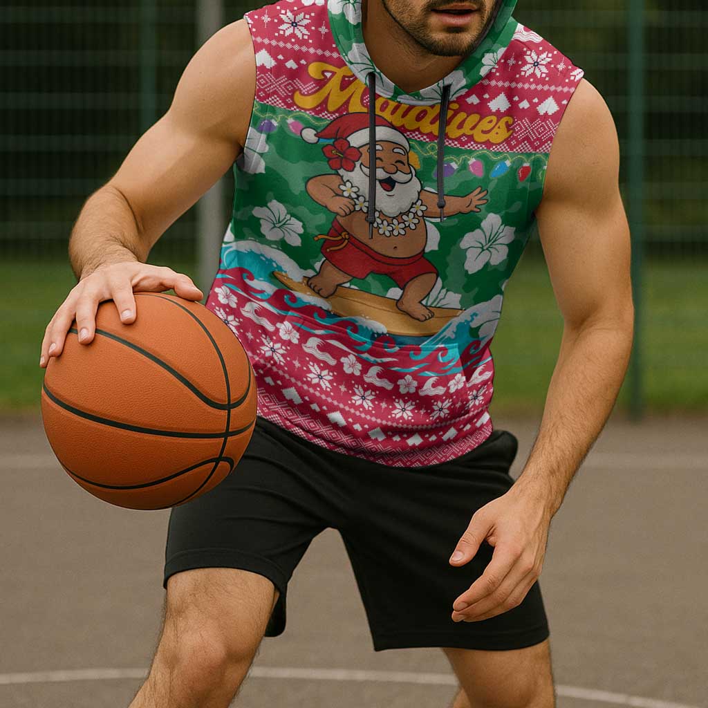Maldives Christmas Sleeveless Hoodie with Surfing Santa Claus Tropical Flowers and Holiday Wave - Wonder Print Shop