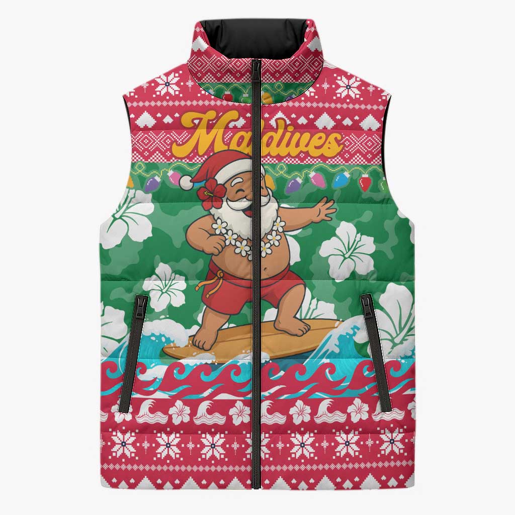 Maldives Christmas Sleeveless Puffer Jacket with Surfing Santa Claus Tropical Flowers and Holiday Wave - Wonder Print Shop