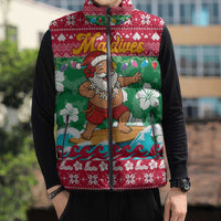 Maldives Christmas Sleeveless Puffer Jacket with Surfing Santa Claus Tropical Flowers and Holiday Wave - Wonder Print Shop