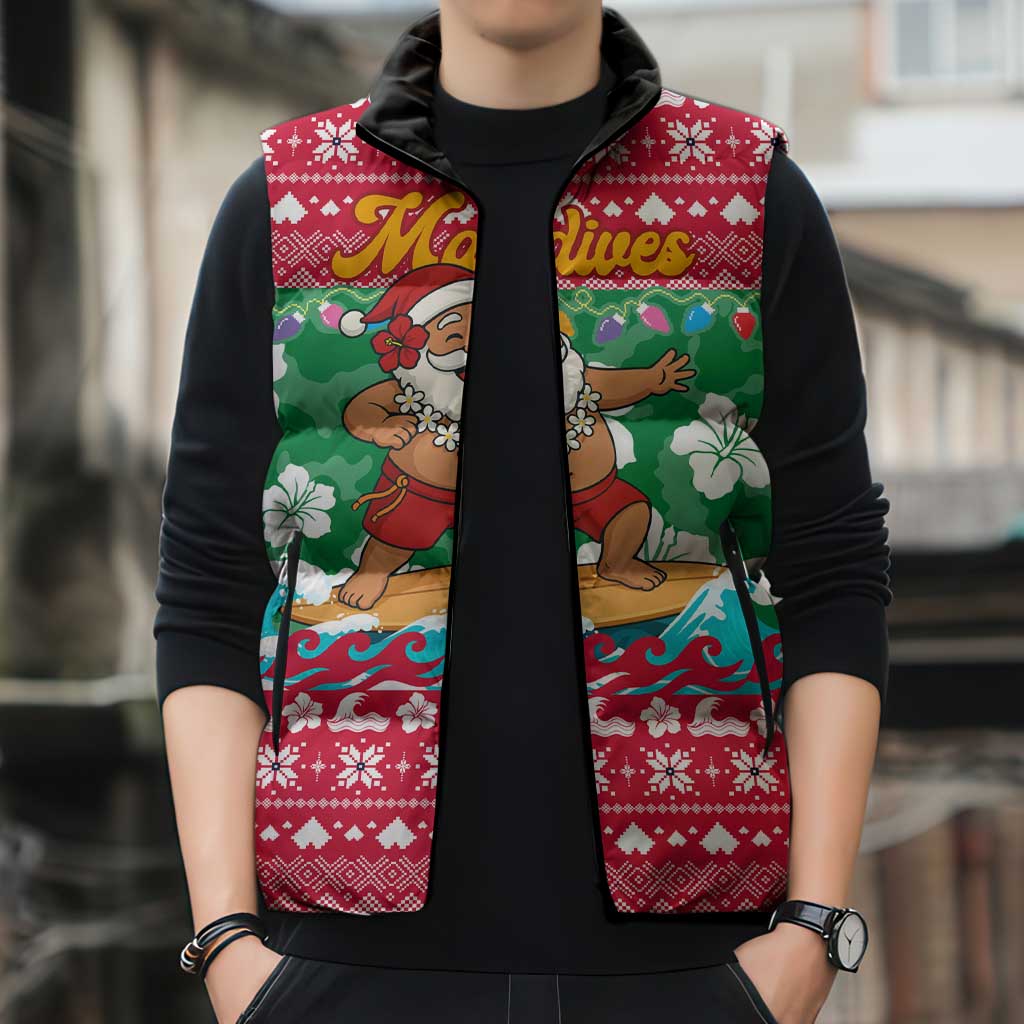 Maldives Christmas Sleeveless Puffer Jacket with Surfing Santa Claus Tropical Flowers and Holiday Wave - Wonder Print Shop