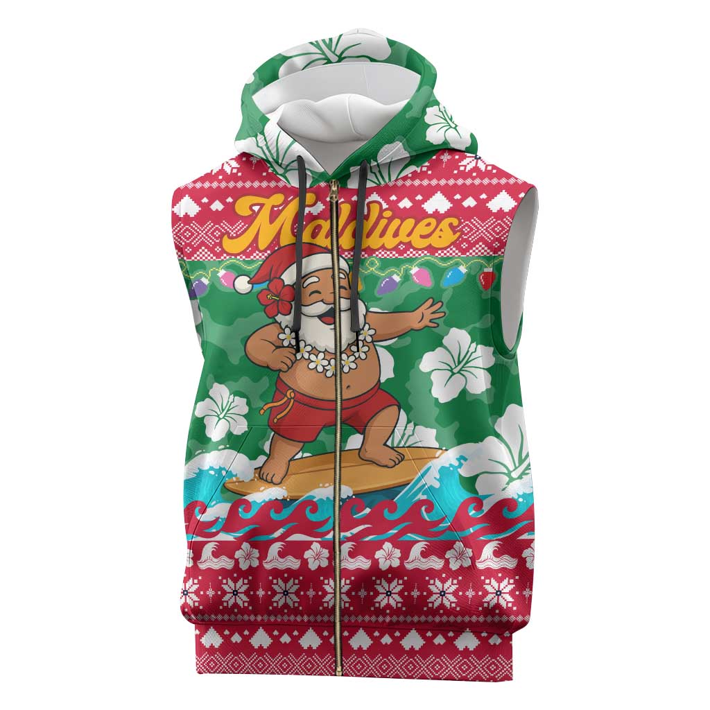 Maldives Christmas Sleeveless Zip Hoodie with Surfing Santa Claus Tropical Flowers and Holiday Wave - Wonder Print Shop