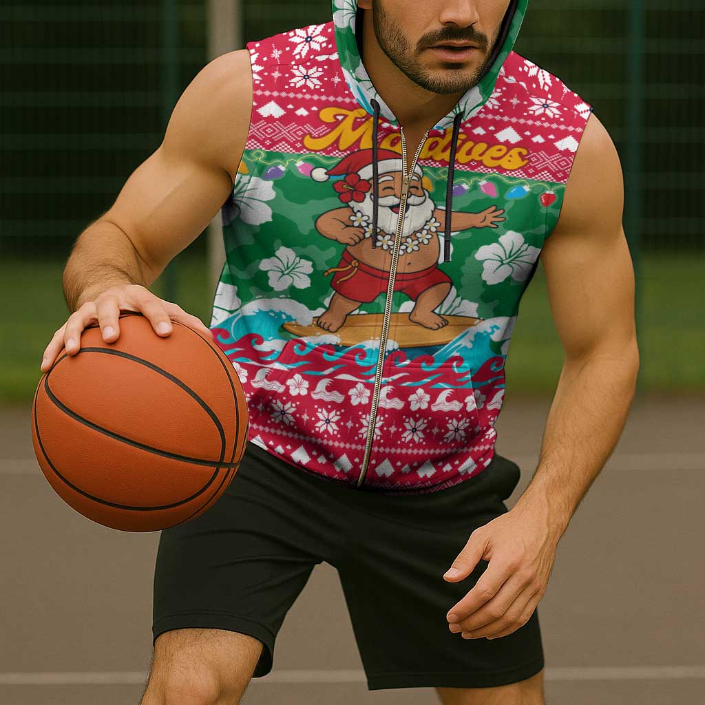 Maldives Christmas Sleeveless Zip Hoodie with Surfing Santa Claus Tropical Flowers and Holiday Wave - Wonder Print Shop