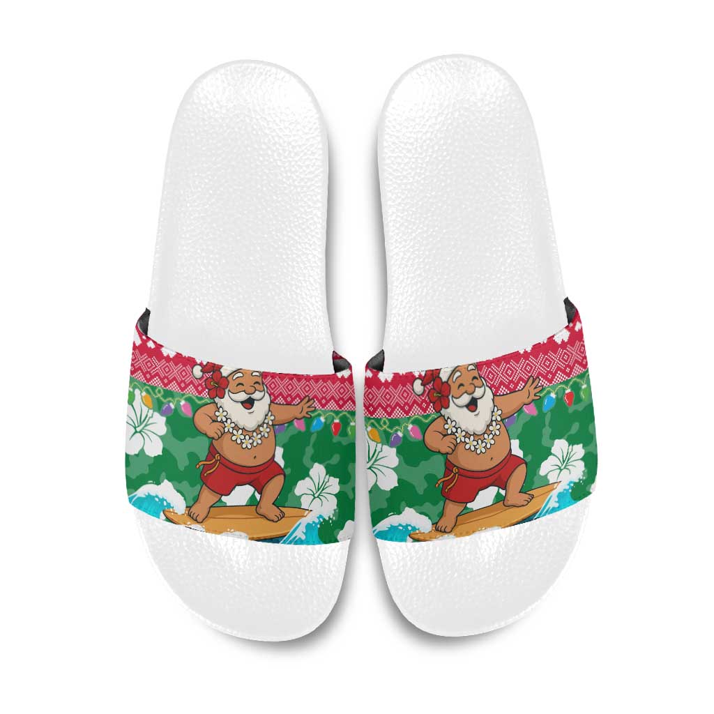 Maldives Christmas Slide Sandals with Surfing Santa Claus Tropical Flowers and Holiday Wave - Wonder Print Shop