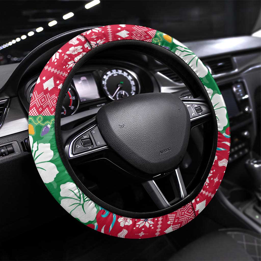 Maldives Christmas Steering Wheel Cover with Surfing Santa Claus Tropical Flowers and Holiday Wave - Wonder Print Shop