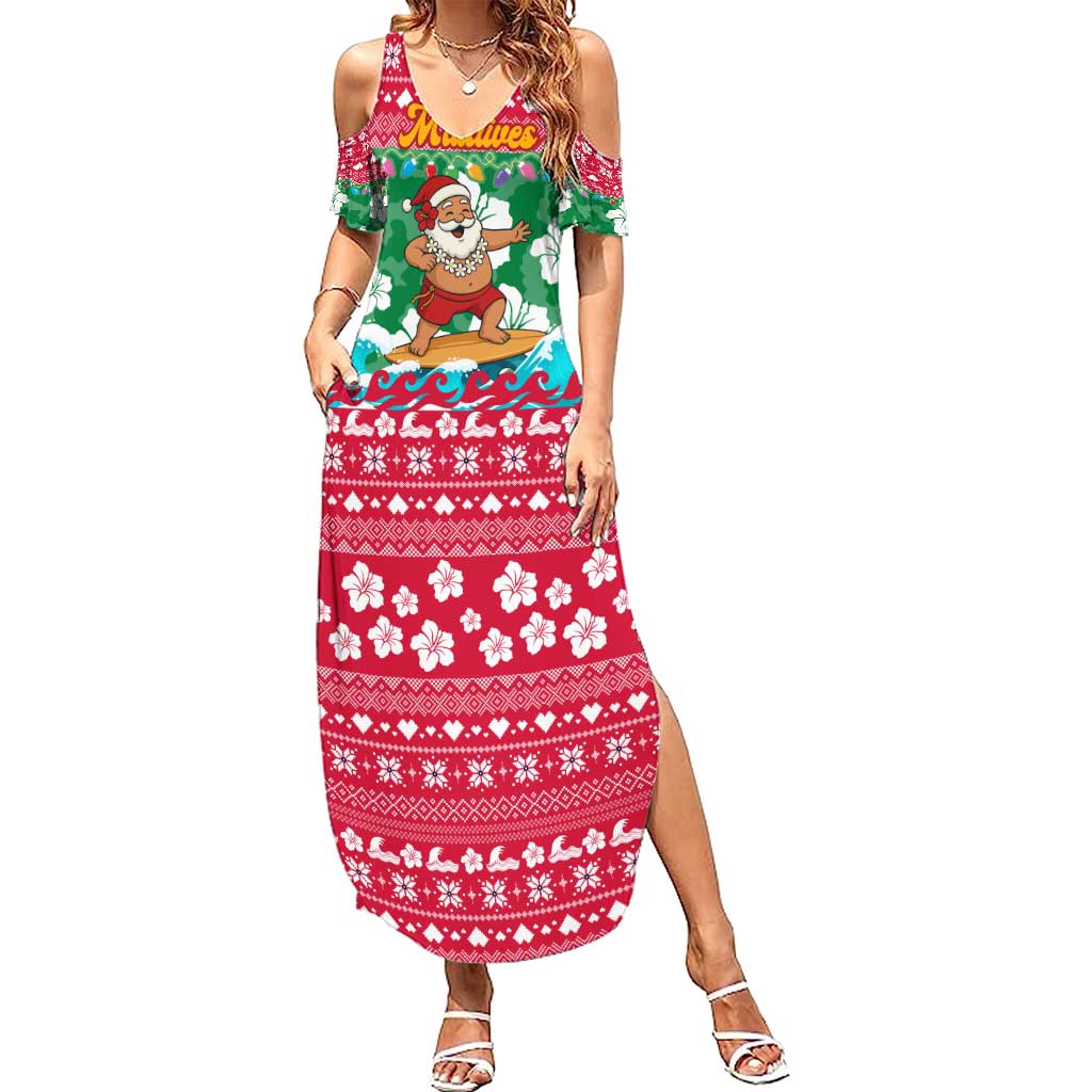 Maldives Christmas Summer Maxi Dress with Surfing Santa Claus Tropical Flowers and Holiday Wave - Wonder Print Shop