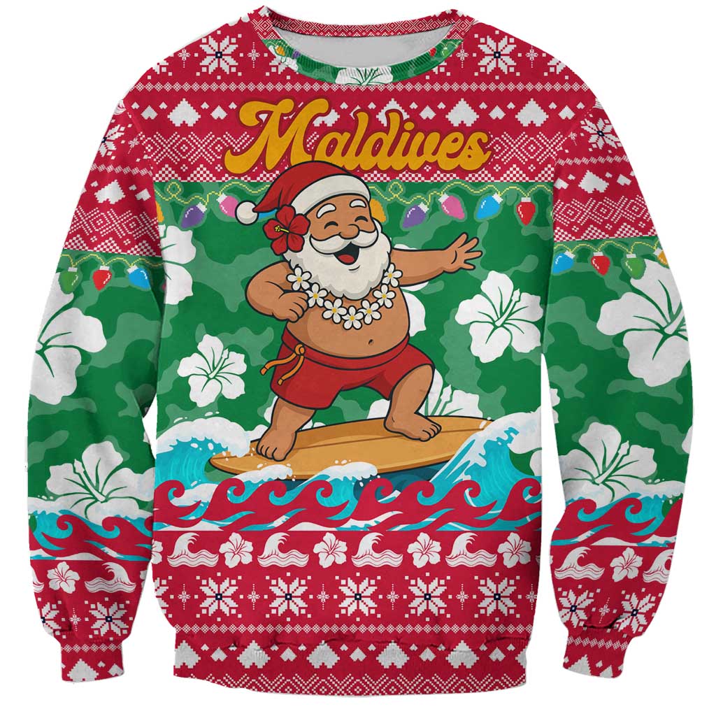Maldives Christmas Sweatshirt with Surfing Santa Claus Tropical Flowers and Holiday Wave - Wonder Print Shop