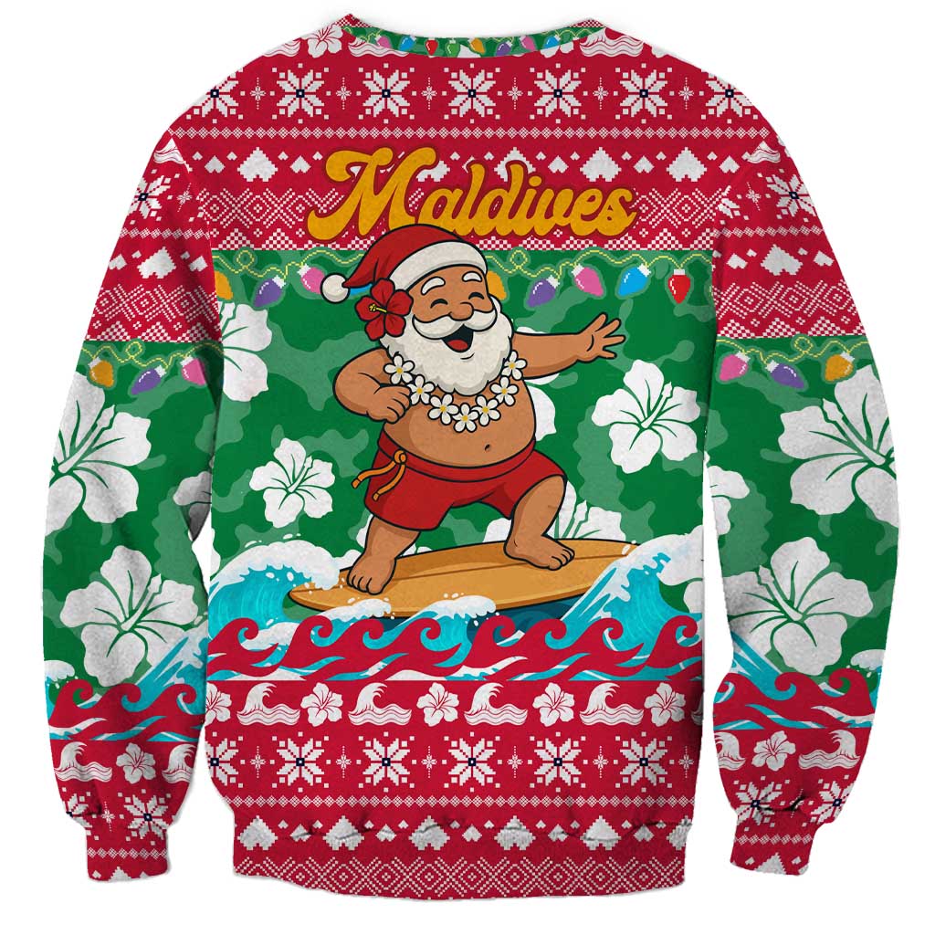 Maldives Christmas Sweatshirt with Surfing Santa Claus Tropical Flowers and Holiday Wave - Wonder Print Shop