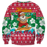 Maldives Christmas Sweatshirt with Surfing Santa Claus Tropical Flowers and Holiday Wave - Wonder Print Shop