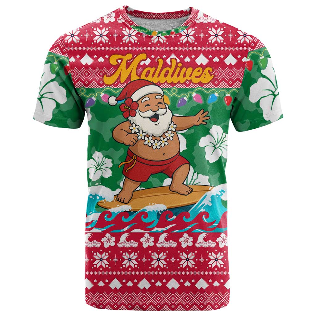 Maldives Christmas T Shirt with Surfing Santa Claus Tropical Flowers and Holiday Wave - Wonder Print Shop