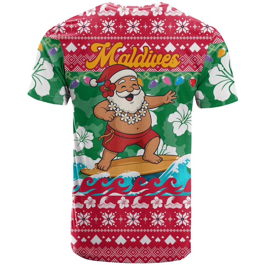 Maldives Christmas T Shirt with Surfing Santa Claus Tropical Flowers and Holiday Wave - Wonder Print Shop