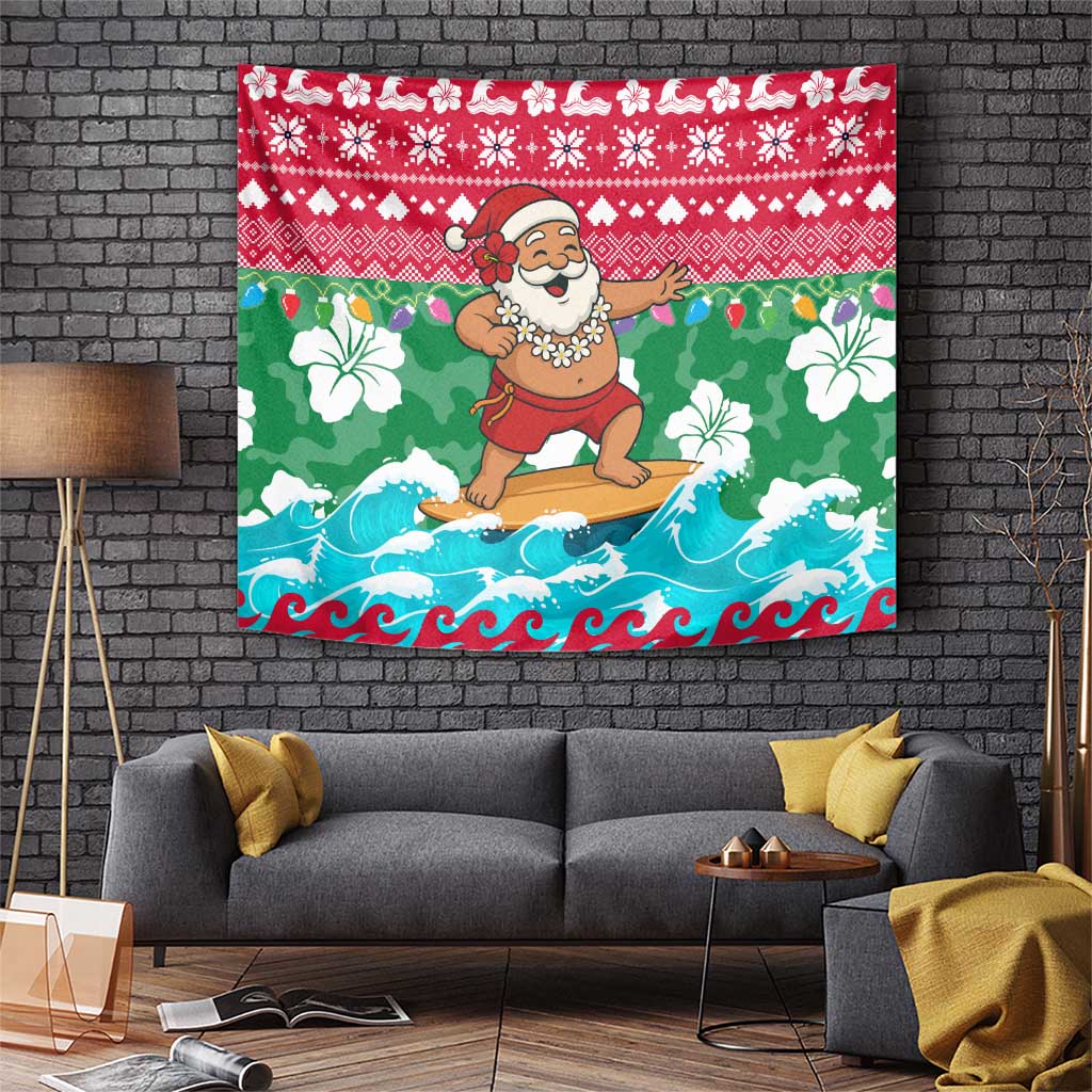 Maldives Christmas Tapestry with Surfing Santa Claus Tropical Flowers and Holiday Wave - undefined