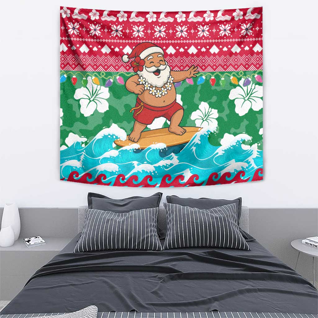 Maldives Christmas Tapestry with Surfing Santa Claus Tropical Flowers and Holiday Wave - undefined