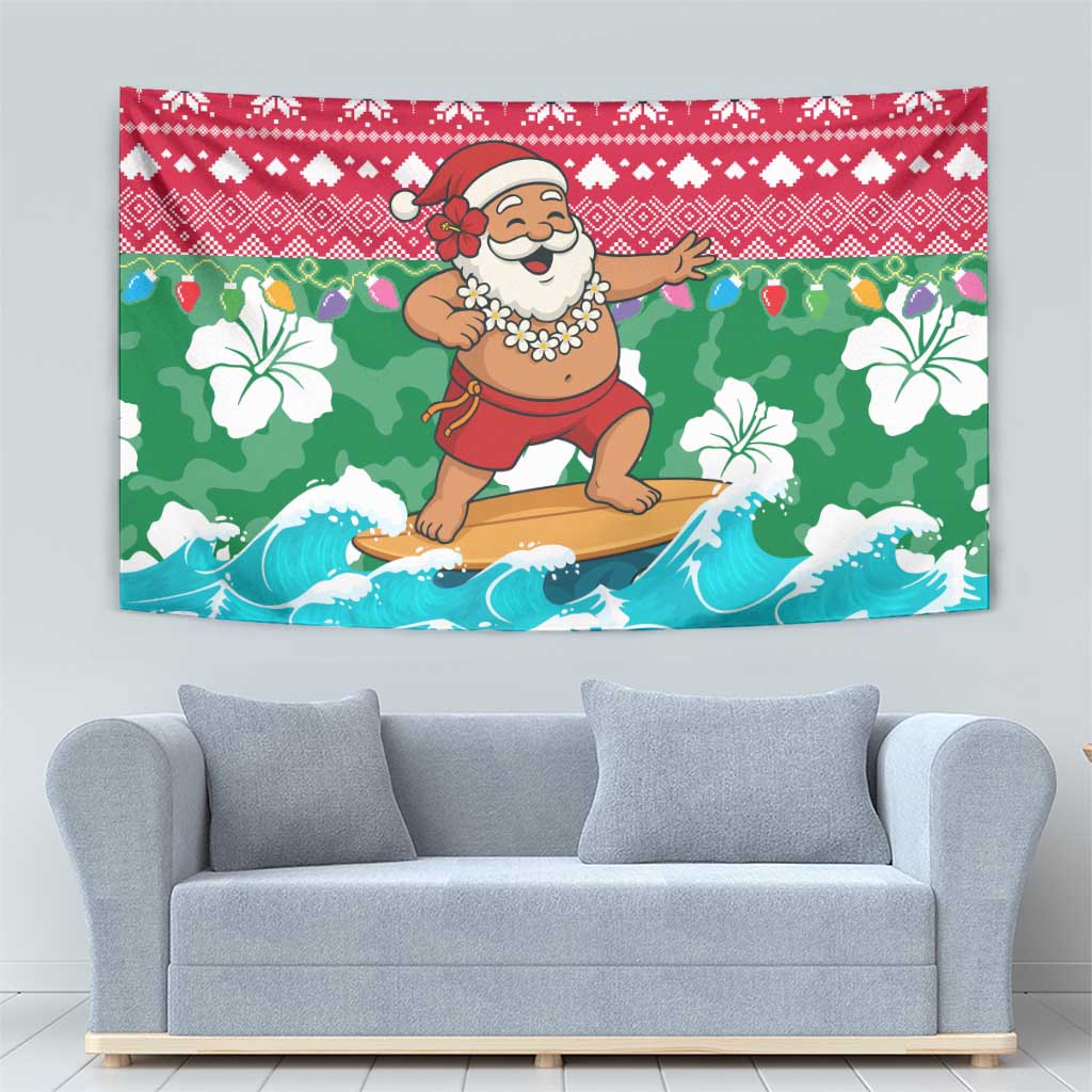 Maldives Christmas Tapestry with Surfing Santa Claus Tropical Flowers and Holiday Wave - undefined