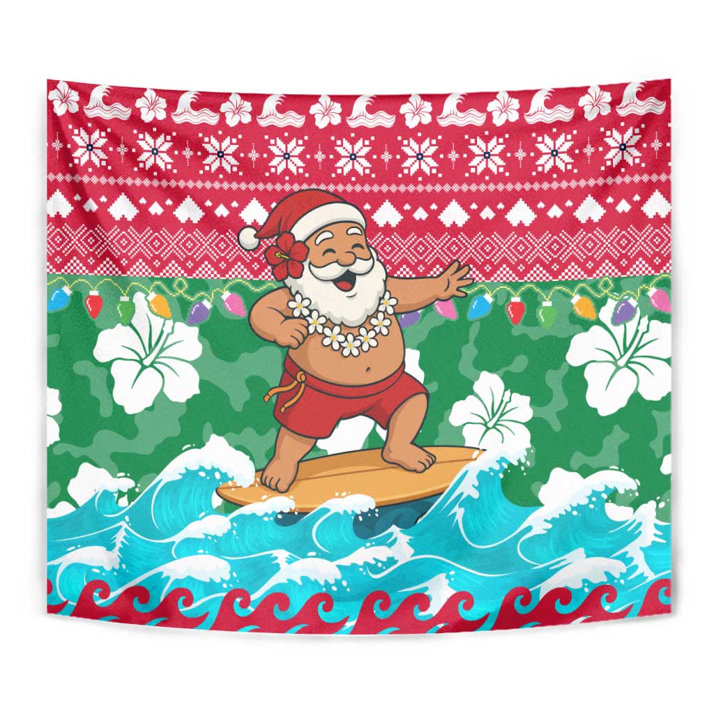 Maldives Christmas Tapestry with Surfing Santa Claus Tropical Flowers and Holiday Wave - undefined