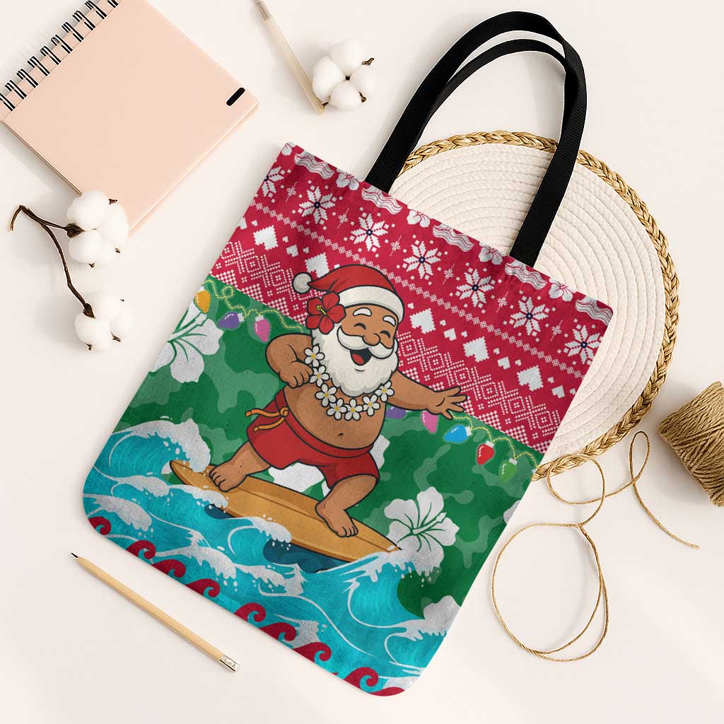 Maldives Christmas Tote Bag with Surfing Santa Claus Tropical Flowers and Holiday Wave - Wonder Print Shop