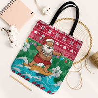 Maldives Christmas Tote Bag with Surfing Santa Claus Tropical Flowers and Holiday Wave - Wonder Print Shop