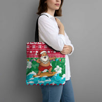Maldives Christmas Tote Bag with Surfing Santa Claus Tropical Flowers and Holiday Wave - Wonder Print Shop