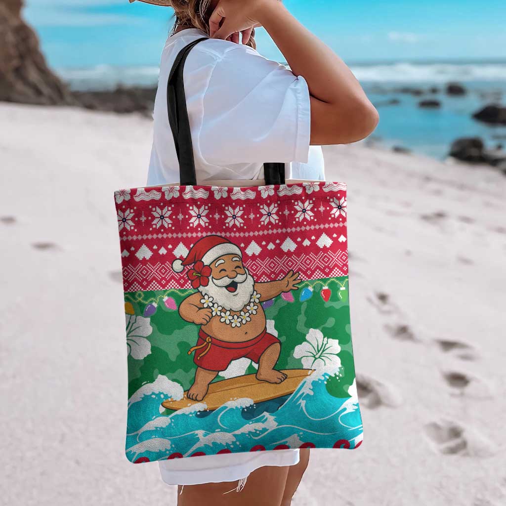Maldives Christmas Tote Bag with Surfing Santa Claus Tropical Flowers and Holiday Wave - Wonder Print Shop