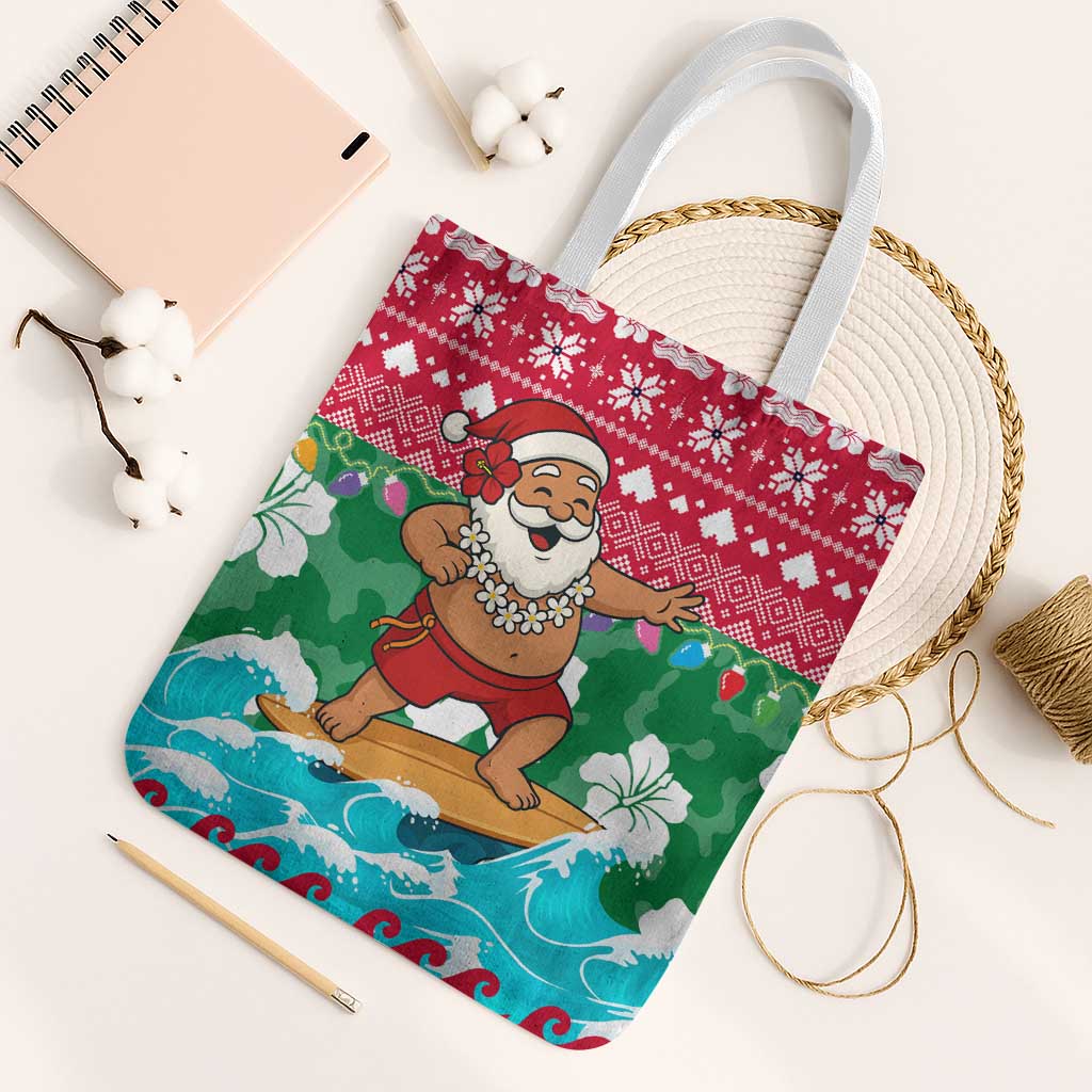 Maldives Christmas Tote Bag with Surfing Santa Claus Tropical Flowers and Holiday Wave - Wonder Print Shop