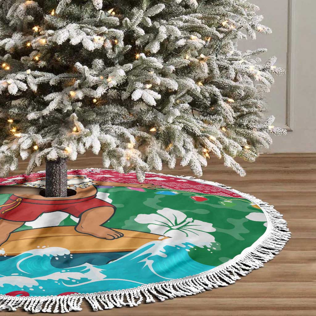 Maldives Christmas Tree Skirt with Surfing Santa Claus Tropical Flowers and Holiday Wave - Wonder Print Shop