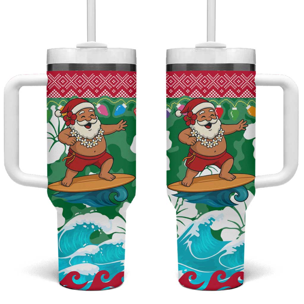 Maldives Christmas Tumbler With Handle with Surfing Santa Claus Tropical Flowers and Holiday Wave - Wonder Print Shop