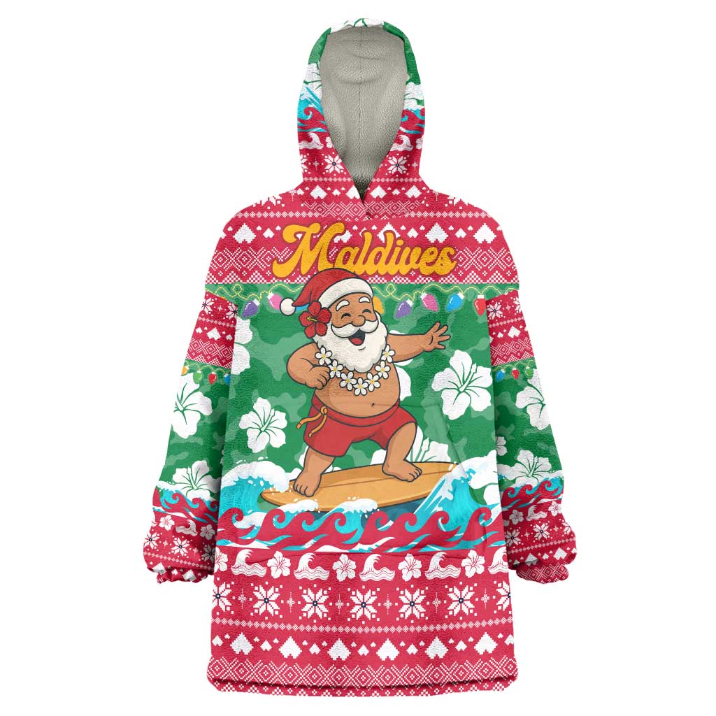Maldives Christmas Wearable Blanket Hoodie with Surfing Santa Claus Tropical Flowers and Holiday Wave - Wonder Print Shop