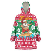 Maldives Christmas Wearable Blanket Hoodie with Surfing Santa Claus Tropical Flowers and Holiday Wave - Wonder Print Shop