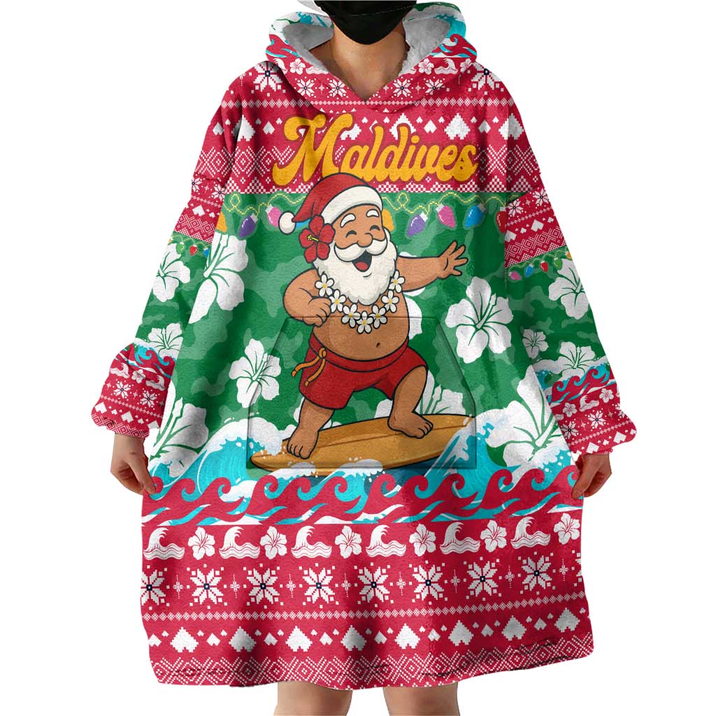 Maldives Christmas Wearable Blanket Hoodie with Surfing Santa Claus Tropical Flowers and Holiday Wave - Wonder Print Shop