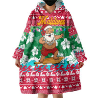 Maldives Christmas Wearable Blanket Hoodie with Surfing Santa Claus Tropical Flowers and Holiday Wave - Wonder Print Shop