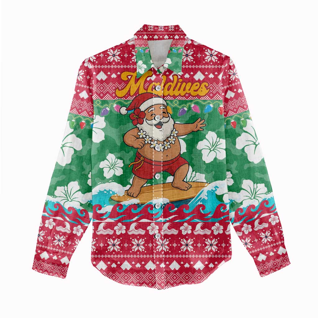 Maldives Christmas Women Casual Shirt with Surfing Santa Claus Tropical Flowers and Holiday Wave - Wonder Print Shop