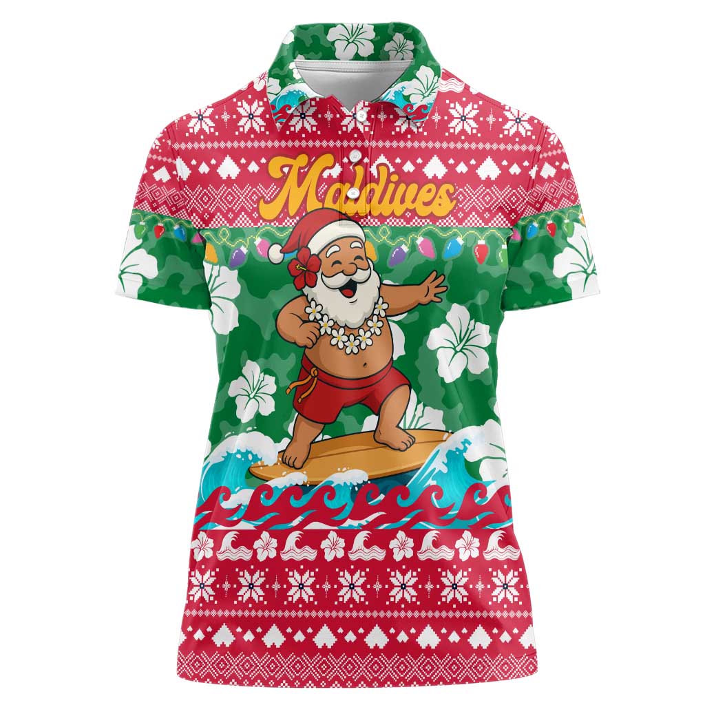 Maldives Christmas Women Polo Shirt with Surfing Santa Claus Tropical Flowers and Holiday Wave - Wonder Print Shop