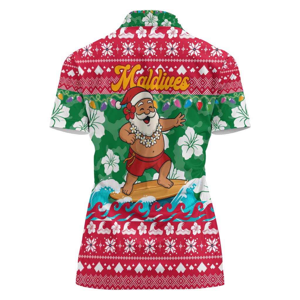 Maldives Christmas Women Polo Shirt with Surfing Santa Claus Tropical Flowers and Holiday Wave - Wonder Print Shop