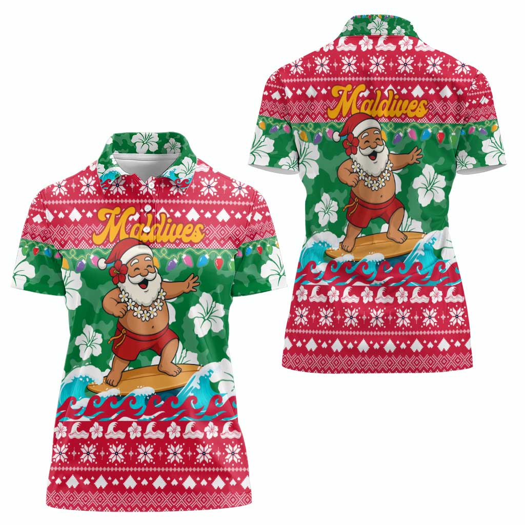 Maldives Christmas Women Polo Shirt with Surfing Santa Claus Tropical Flowers and Holiday Wave - Wonder Print Shop