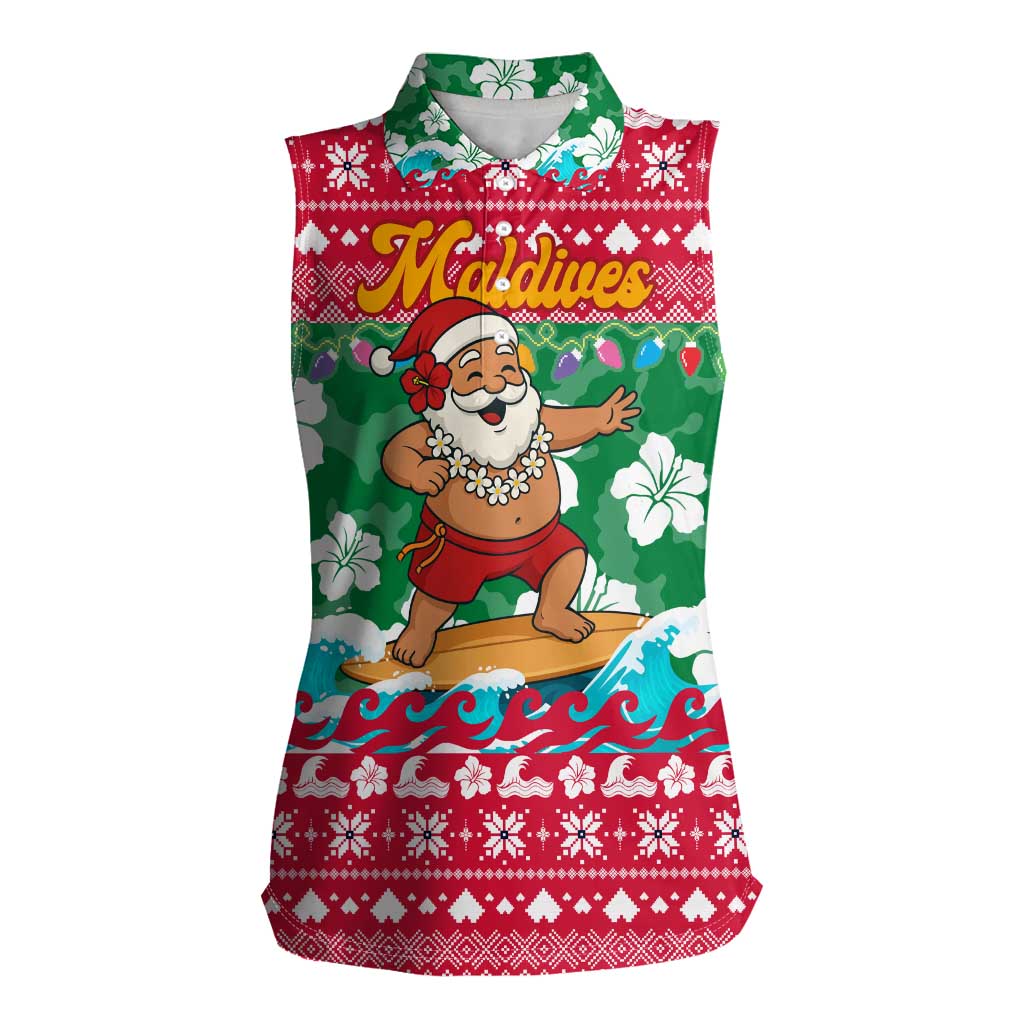 Maldives Christmas Women Sleeveless Polo Shirt with Surfing Santa Claus Tropical Flowers and Holiday Wave - Wonder Print Shop