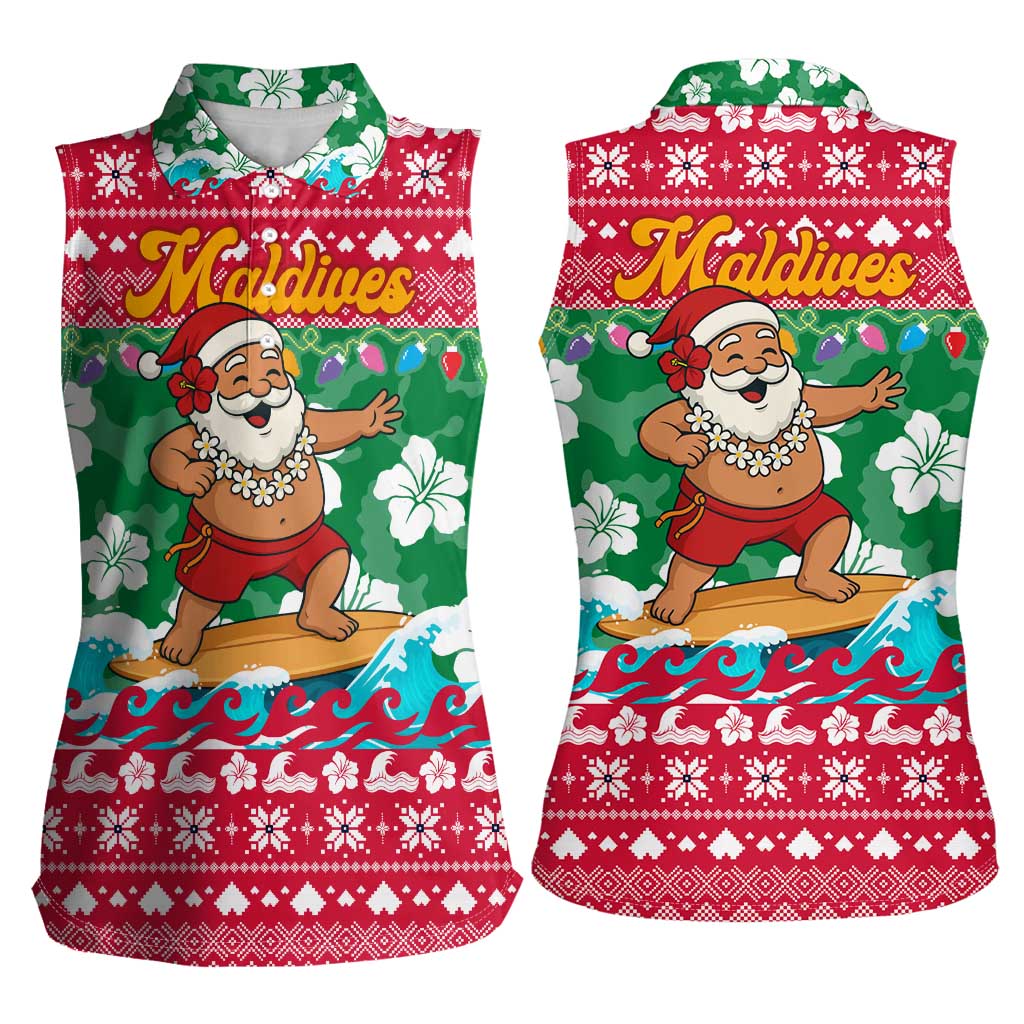 Maldives Christmas Women Sleeveless Polo Shirt with Surfing Santa Claus Tropical Flowers and Holiday Wave - Wonder Print Shop