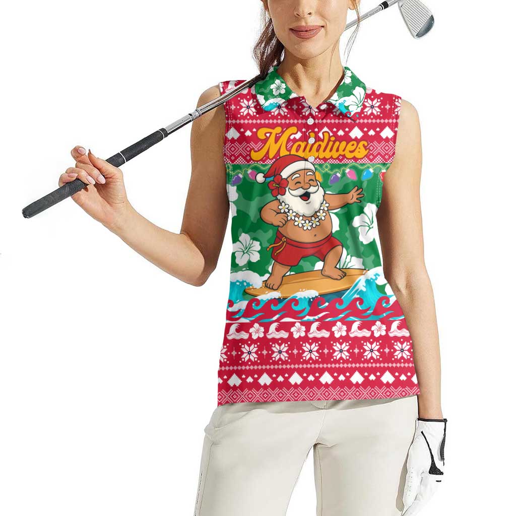 Maldives Christmas Women Sleeveless Polo Shirt with Surfing Santa Claus Tropical Flowers and Holiday Wave - Wonder Print Shop