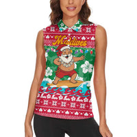 Maldives Christmas Women Sleeveless Polo Shirt with Surfing Santa Claus Tropical Flowers and Holiday Wave - Wonder Print Shop