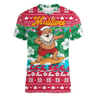Maldives Christmas Women V-Neck T-Shirt with Surfing Santa Claus Tropical Flowers and Holiday Wave - Wonder Print Shop