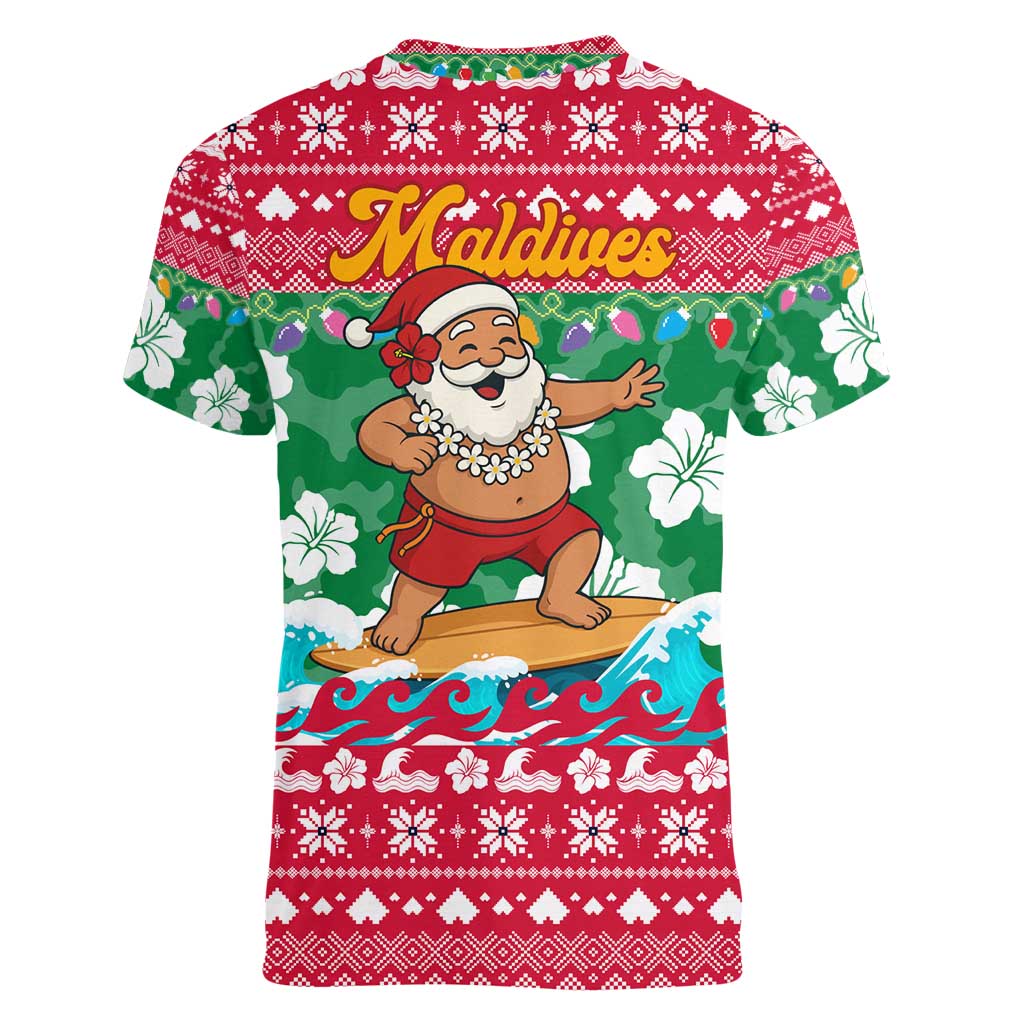 Maldives Christmas Women V-Neck T-Shirt with Surfing Santa Claus Tropical Flowers and Holiday Wave - Wonder Print Shop