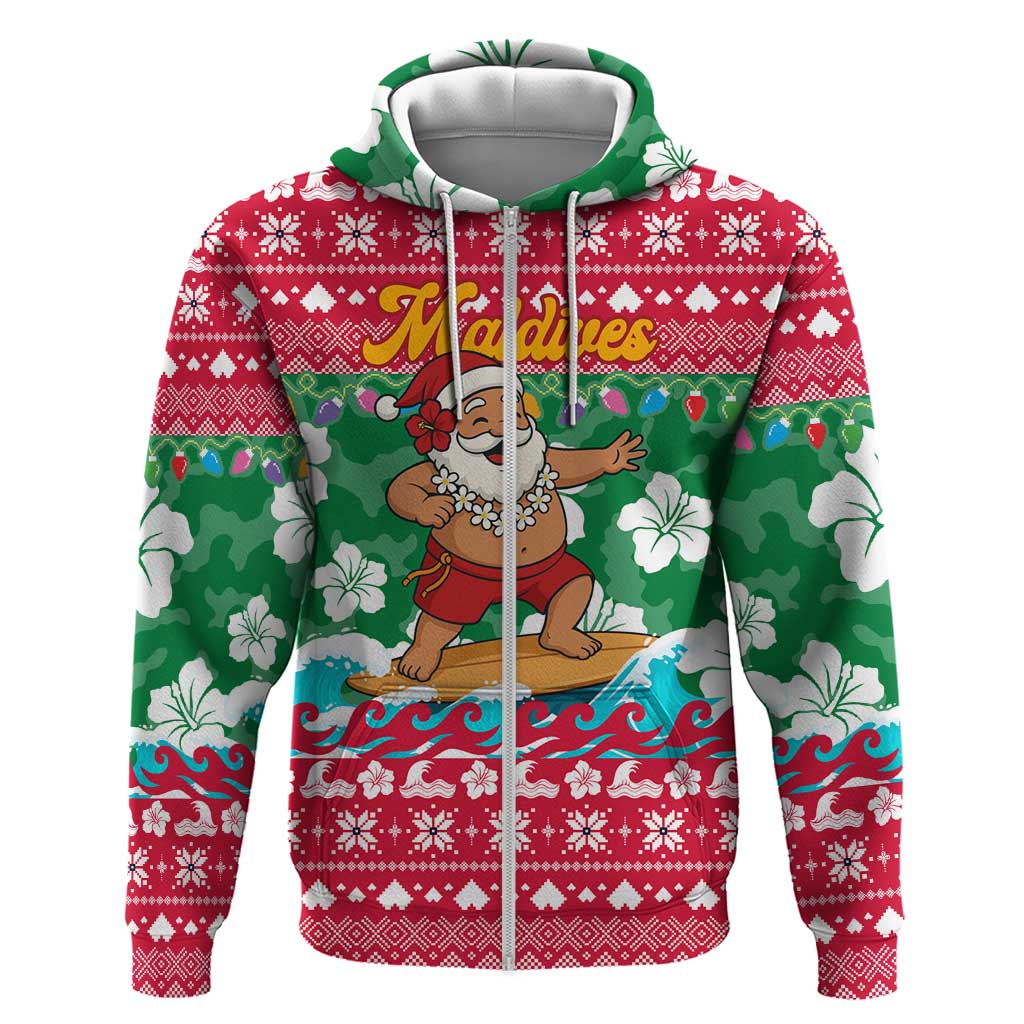 Maldives Christmas Zip Hoodie with Surfing Santa Claus Tropical Flowers and Holiday Wave - Wonder Print Shop