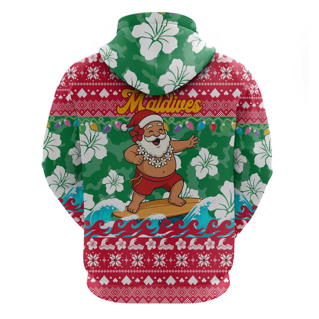 Maldives Christmas Zip Hoodie with Surfing Santa Claus Tropical Flowers and Holiday Wave - Wonder Print Shop