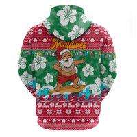 Maldives Christmas Zip Hoodie with Surfing Santa Claus Tropical Flowers and Holiday Wave - Wonder Print Shop