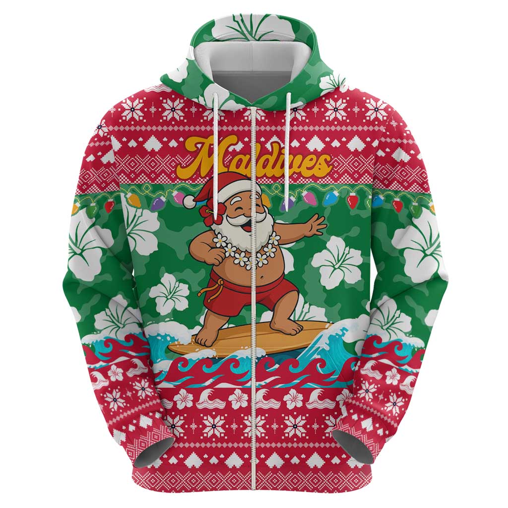 Maldives Christmas Zip Hoodie with Surfing Santa Claus Tropical Flowers and Holiday Wave - Wonder Print Shop